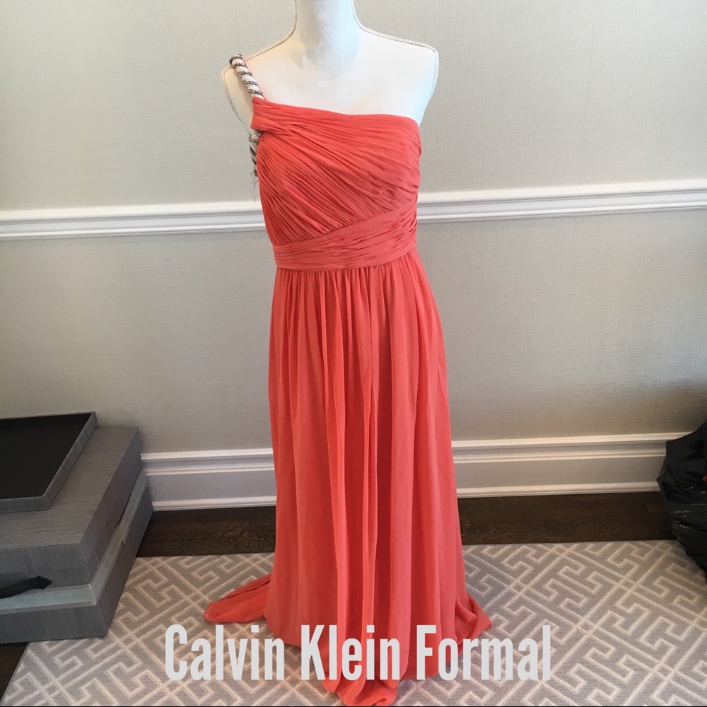 Calvin Klein Peach Gown with Beaded Design